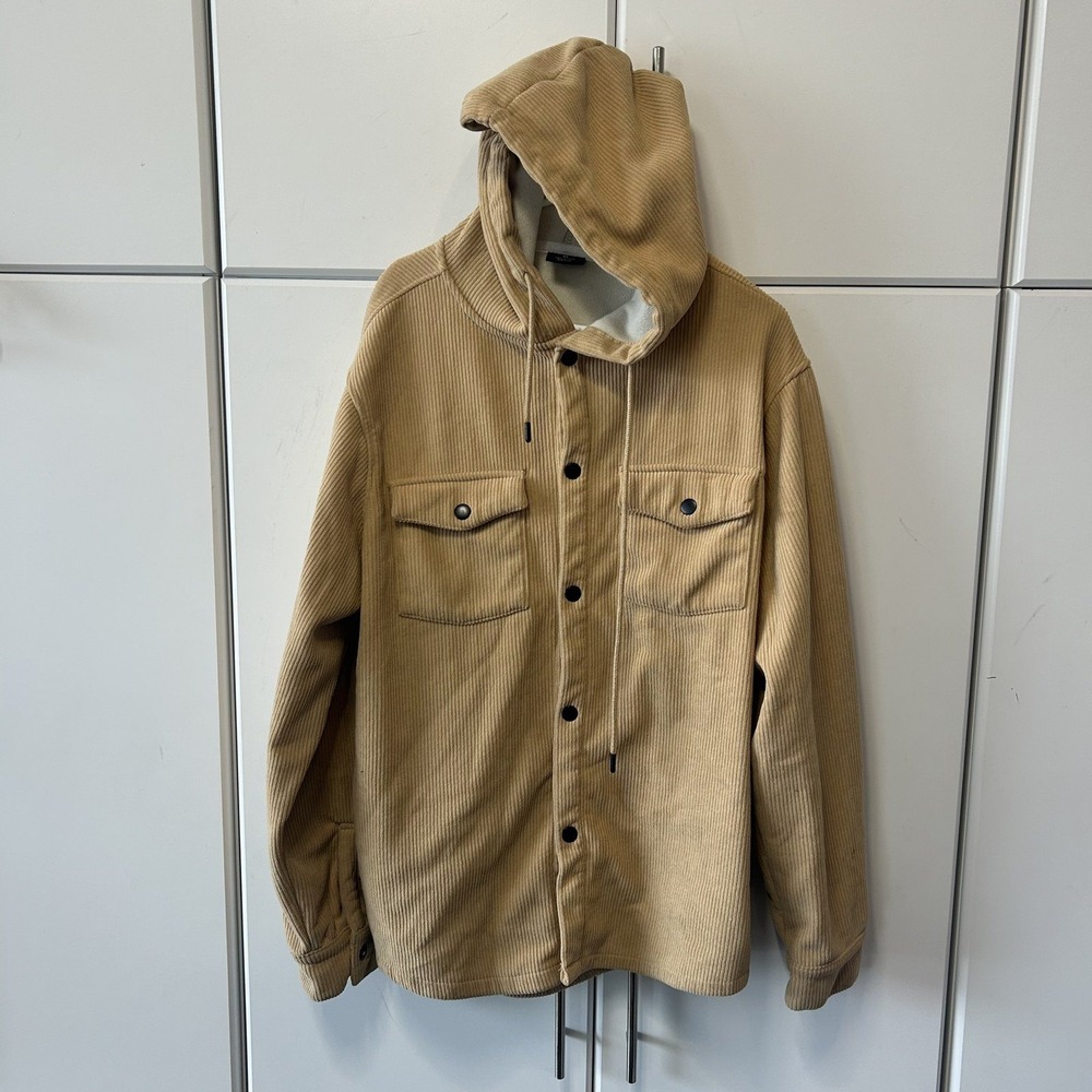 RGSTR Mens Corduroy Hooded Shirt Jacket Tan Beige Fleece Lined XL